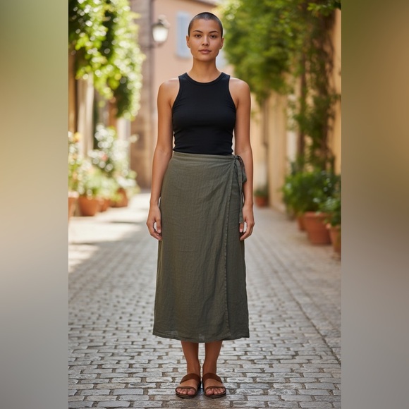 Zara Dresses & Skirts - Zara Dark Olive Linen Wrap Skirt with Side Tie